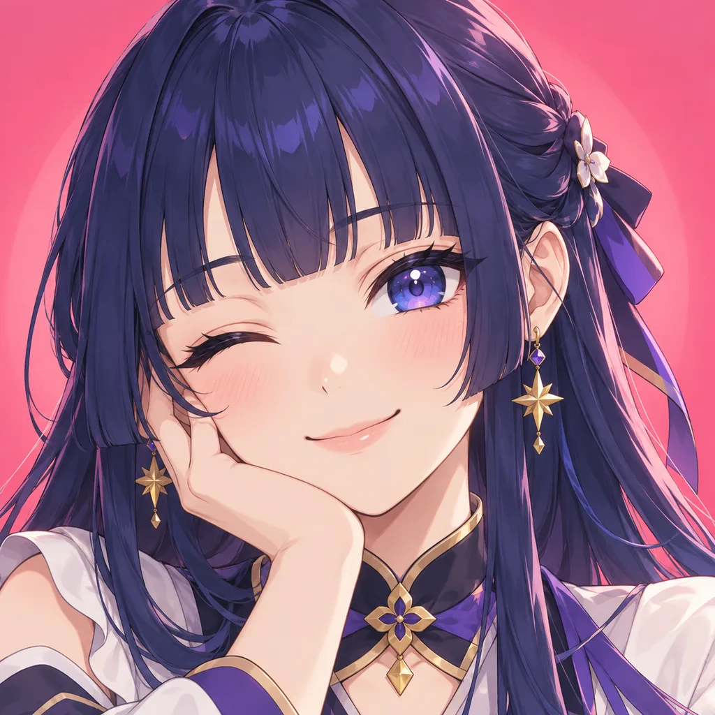 Anime profile picture of a girl with long indigo hair, gold star earrings and a playful wink on a pink background, made with an anime avatar maker.