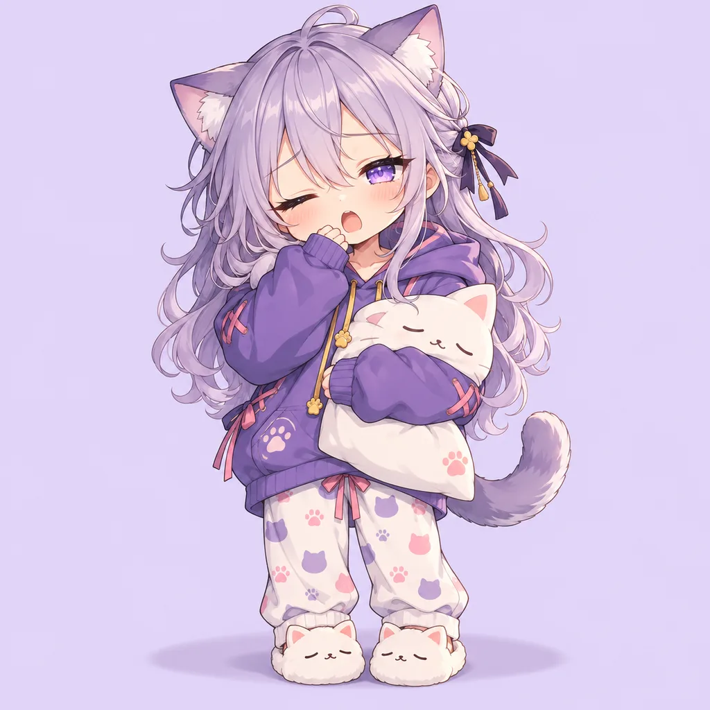 Chibi character with lavender hair and cat ears yawning in a purple hoodie and paw-print pajamas while hugging a cat pillow, made with the chibi maker.
