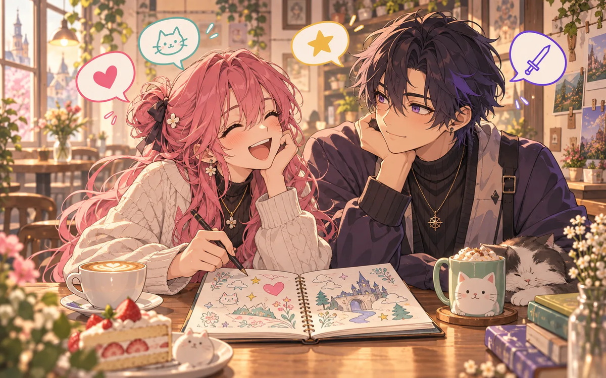 Two original characters sharing a notebook of ideas