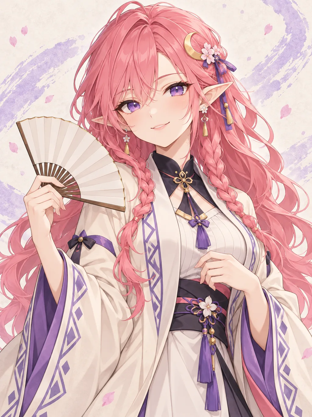 Sample portrait for the pokemon trainer generator: an original pink-haired elf with long braids, a lavender-trimmed robe and a folding fan.